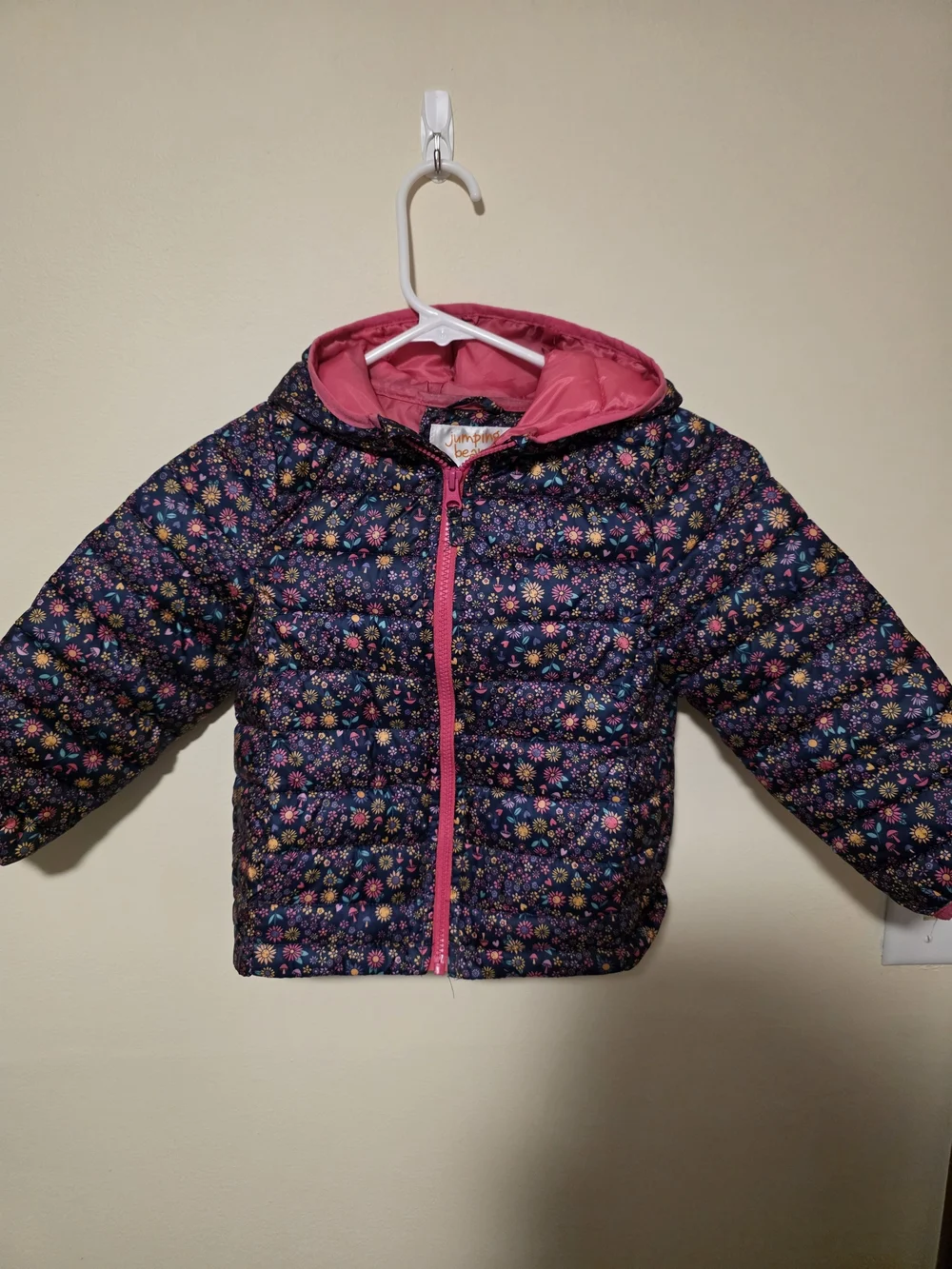 Jumping Beans Girls' Floral Navy Puffer Jacket with Pink Trim